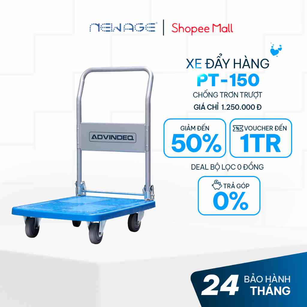 Xe đẩy hàng 4 bánh sàn nhựa gấp gọn ADVINDEQ PT-150, bánh cao su siêu bền, bảo hành 12 tháng toàn quốc