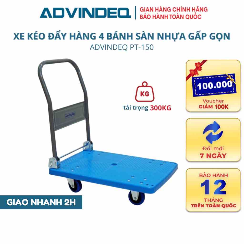 Xe đẩy hàng 4 bánh gấp gọn ADVINDEQ PT-300, sàn nhựa cao cấp tải trọng 320kg, bảo hành 1 năm toàn quốc