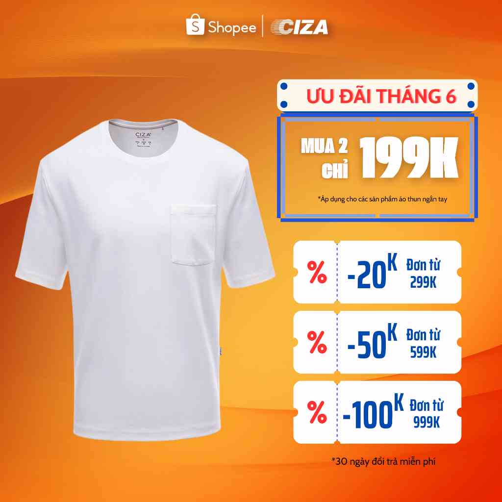 Áo thun ngắn cộc tay nam CIZA basic cổ tròn vải cotton dáng rộng có túi cao cấp trẻ trung size S M L XL màu trắng ATNR49