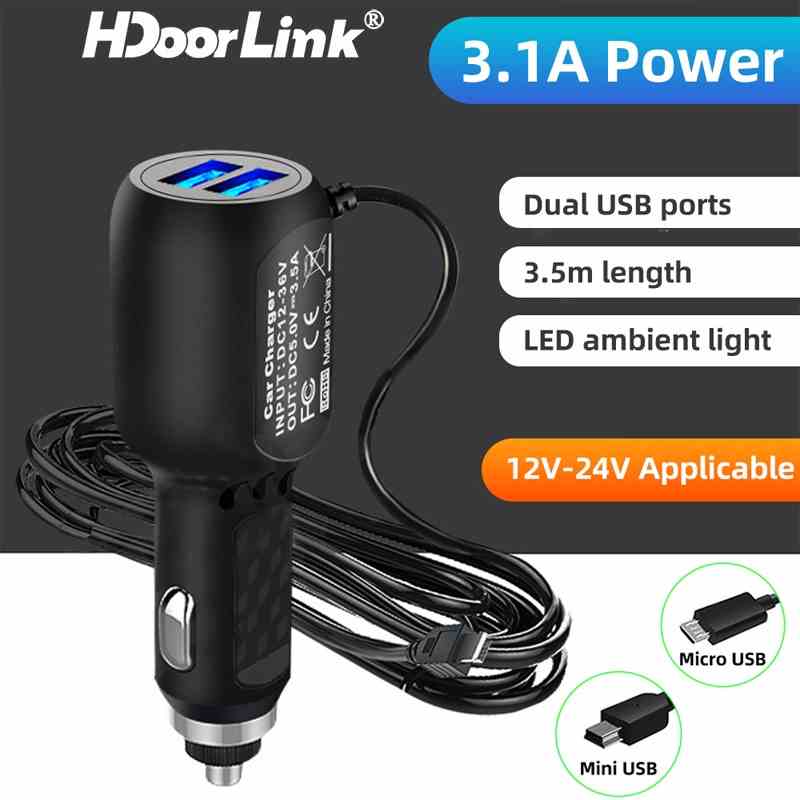 Tẩu sạc xe hơi HdoorLink 3.5M 5V 3.4A có 2 cổng Micro USB cho Camera DVR GPS đầu vào DC 8V-36V