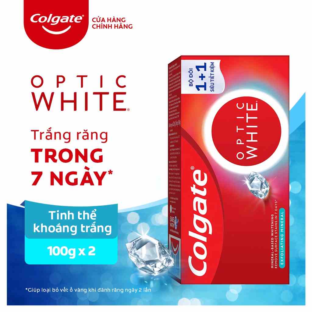 Hộp 2 Kem Đánh Răng Colgate Optic White cho răng sáng bóng từ tinh thể khoáng trắng 100g