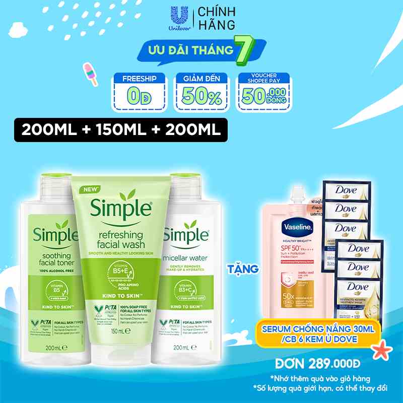 Combo Simple Tẩy trang 200ml + Sữa rửa mặt 150ml + Nước hoa hồng 200ml cho da sạch khỏe đàn hồi [CHÍNH HÃNG ĐỘC QUYỀN]