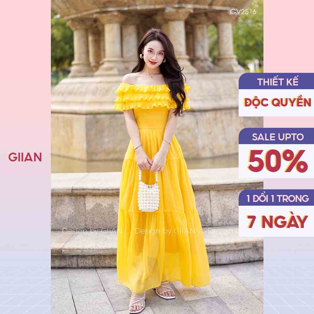 Váy đi biển dáng dài trễ vai thiết kế phối bèo dập li, đầm maxi hở lưng xếp tầng chính hãng GIIAN - GV2516