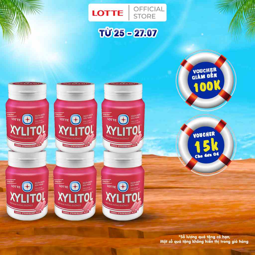 [Mã BMLTB35 giảm đến 35K đơn 99K] Combo 6 Kẹo Gum Không Đường Lotte Xylitol - Hương Strawberry Mint 58 g