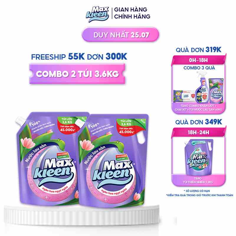 Combo 2 Túi Nước Lau Sàn MaxKleen hương Ngàn hoa ngọt ngào 3.6kg/túi