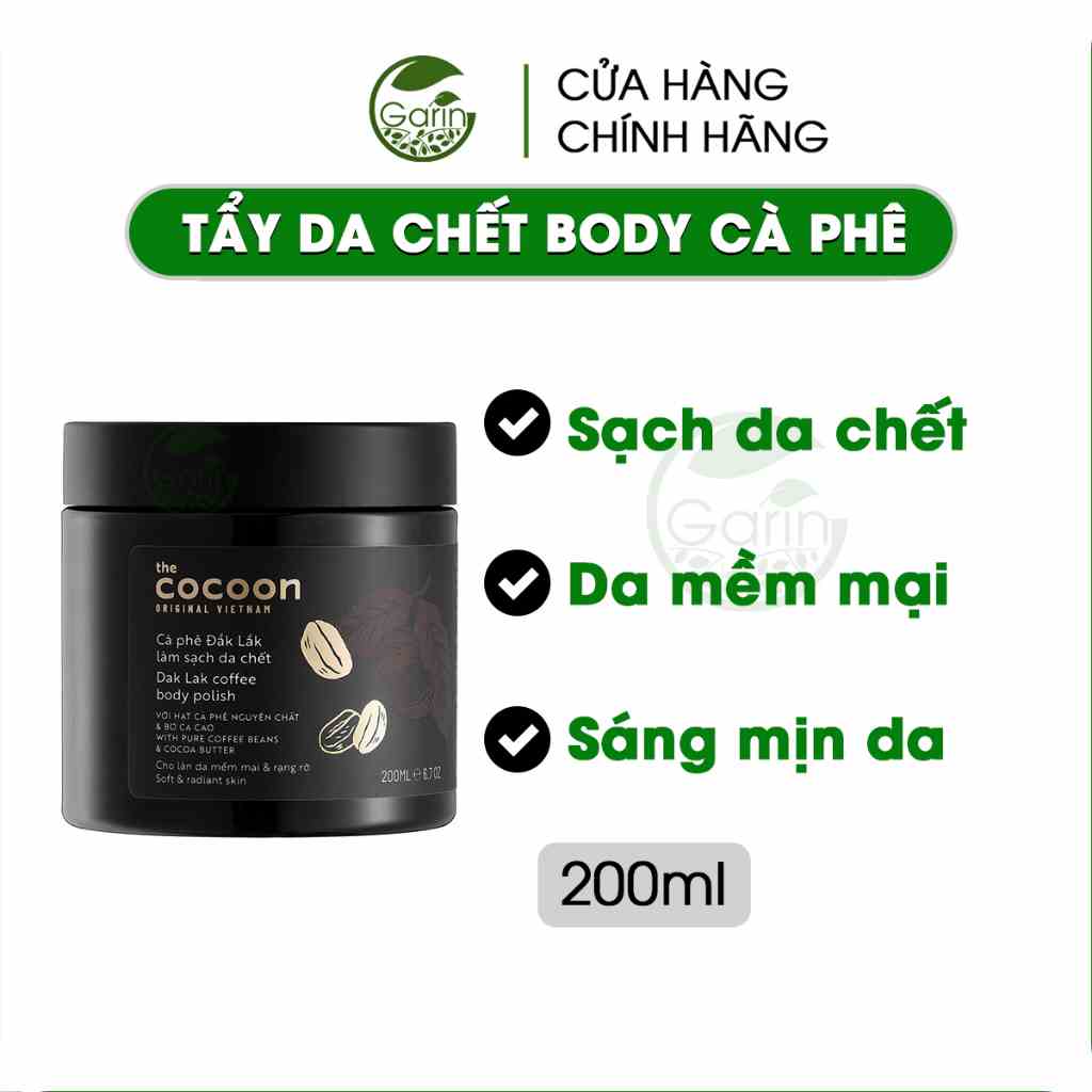 [Mã BMLTB35 giảm đến 35K đơn 99K] Tẩy tế bào chết body cà phê đắk lắk Cocoon Garin làm sạch da chết cơ thể 200ml