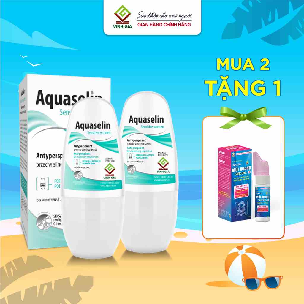 [Combo 2 Tặng 1 Xịt Rửa Mũi] Lăn Khử Mùi AQUASELIN Sensitive Women Không Gây Thâm Nách, Ố Vàng Áo - 50ml