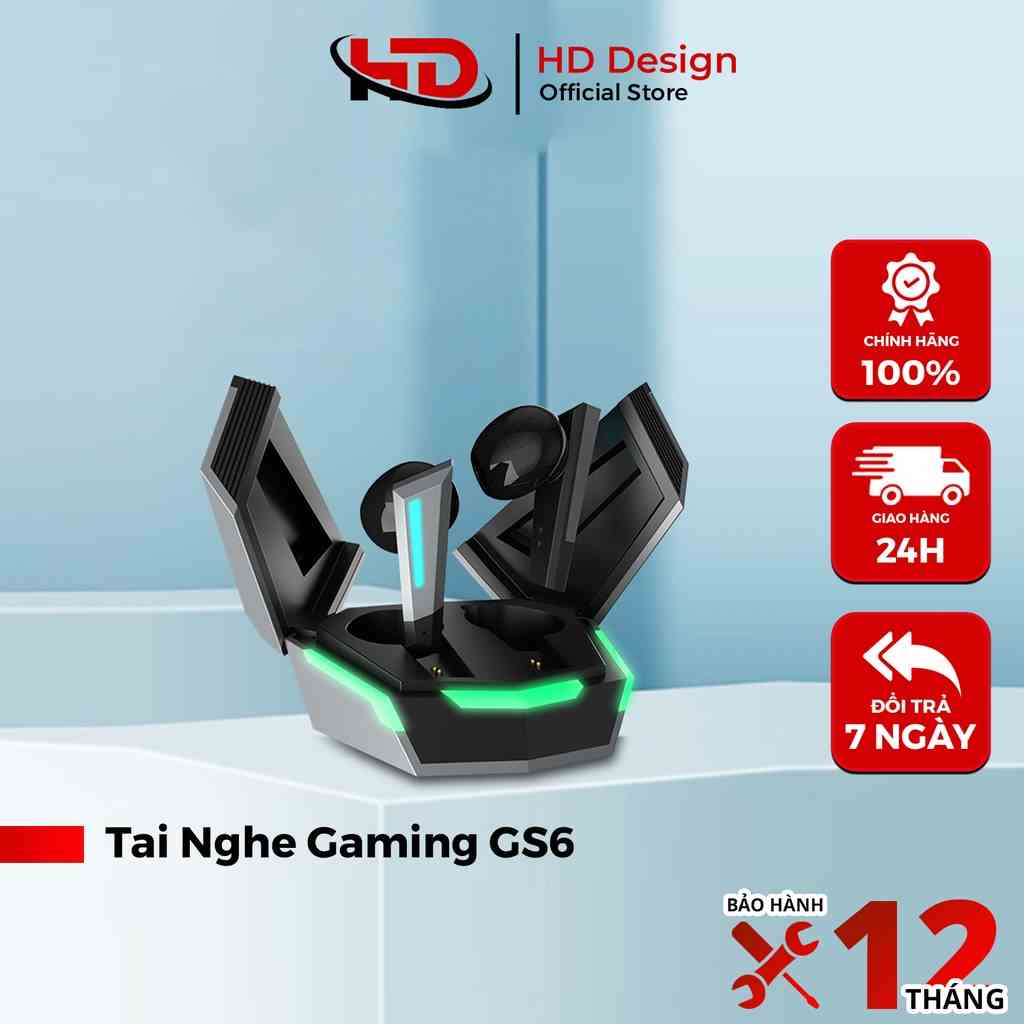 Tai Nghe  Gaming Bluetooth GS6 Pro - Thiết Kế Cực Ngầu -  Độ Trễ Cực Thấp - Có Mic - Âm Bass Hay - Chính Hãng HD DESIGN