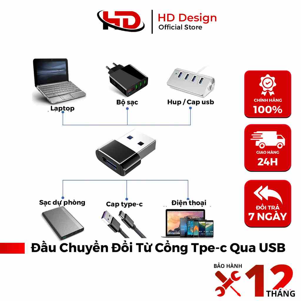 Đầu Chuyển Đổi Từ Cổng Type-c qua Cổng USB - Chính Hãng HD Design