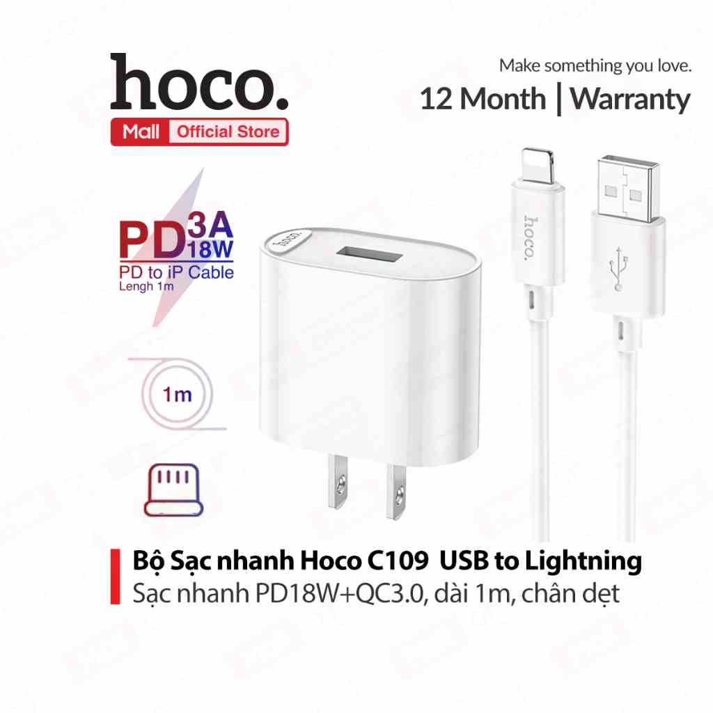 Bộ sạc nhanh Hoco C109 PD18W+QC3.0 USB dùng cho IP6/7/8 ,dài 100cm, chân dẹt