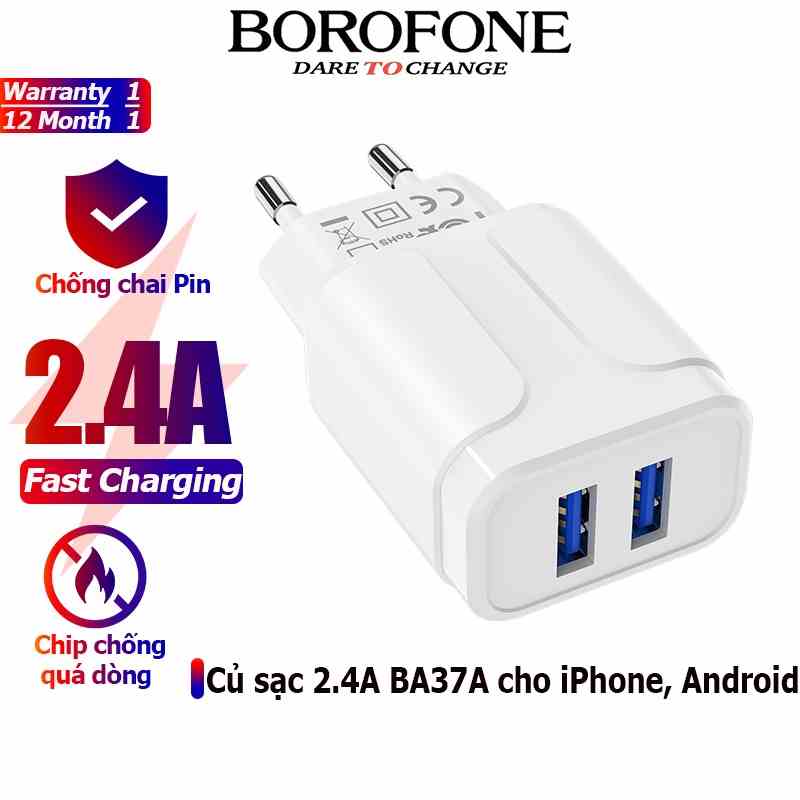 Củ sạc 2.4A BOROFONE BA37A gồm 2 cổng USB - Chính hãng