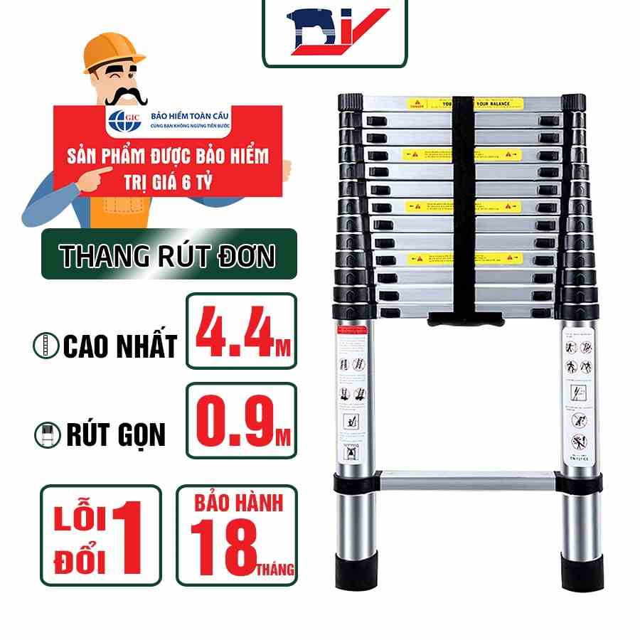 [HỎA TỐC 2H HCM]Thang nhôm rút đơn DIY TL-I-44 chiều cao sử dụng tối đa 4.4m, tải trọng 150kg