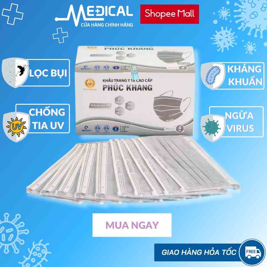 Khẩu trang y tế cao cấp 4 lớp PHÚC KHANG màu xám đạt chuẩn y tế - MEDICAL