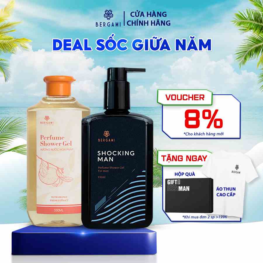 Combo Sữa Tắm Nước Hoa Nam Bergami Shocking Man 330ml/chai và Sữa Tắm Nữ Vitamin C, Lưu Hương 6H 330ml/chai