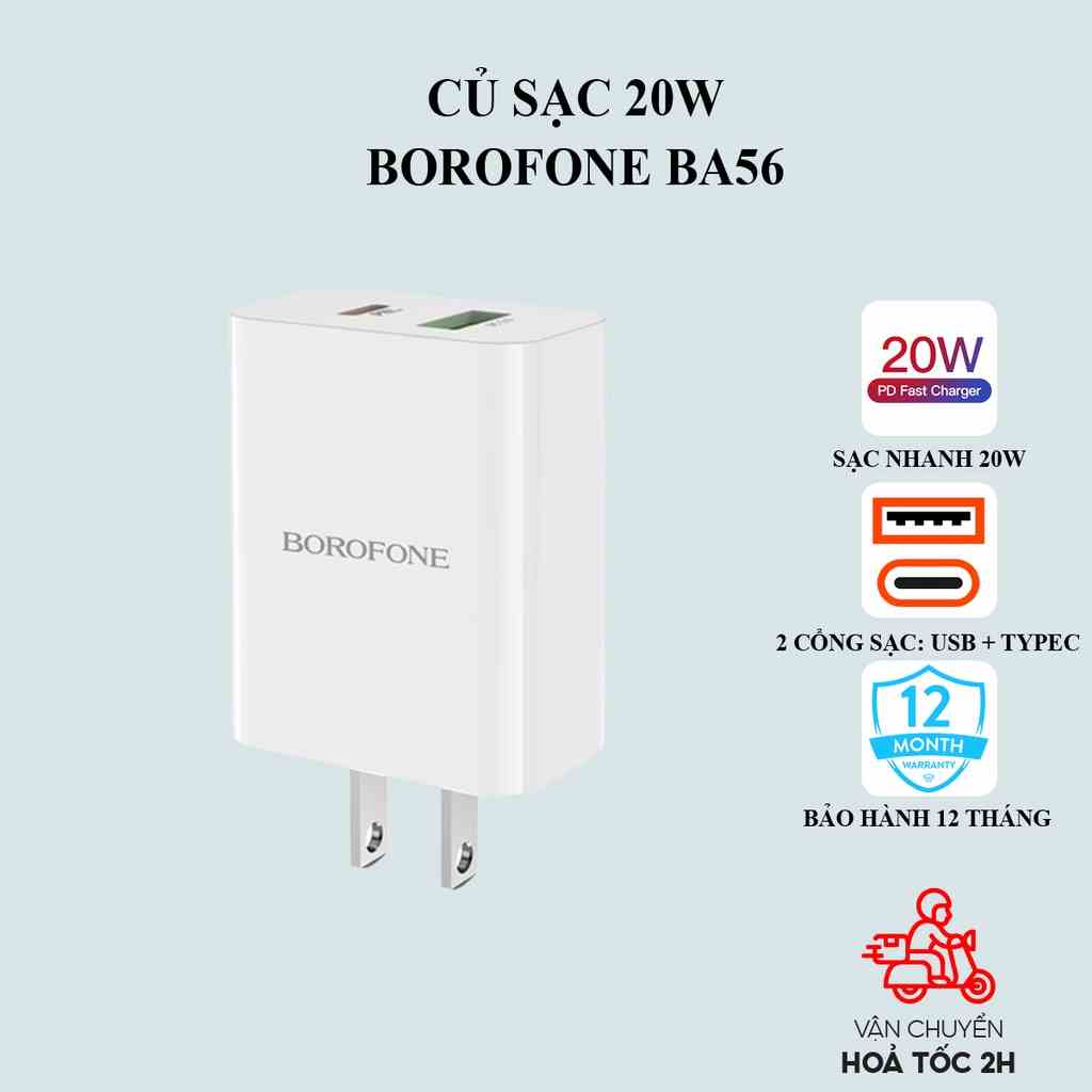 Củ sạc iphone 20W Borofone BA56: Củ sạc nhanh 20W gồm 2 cổng sạc USB và TypeC - Chính hãng - Bảo hành 12 tháng