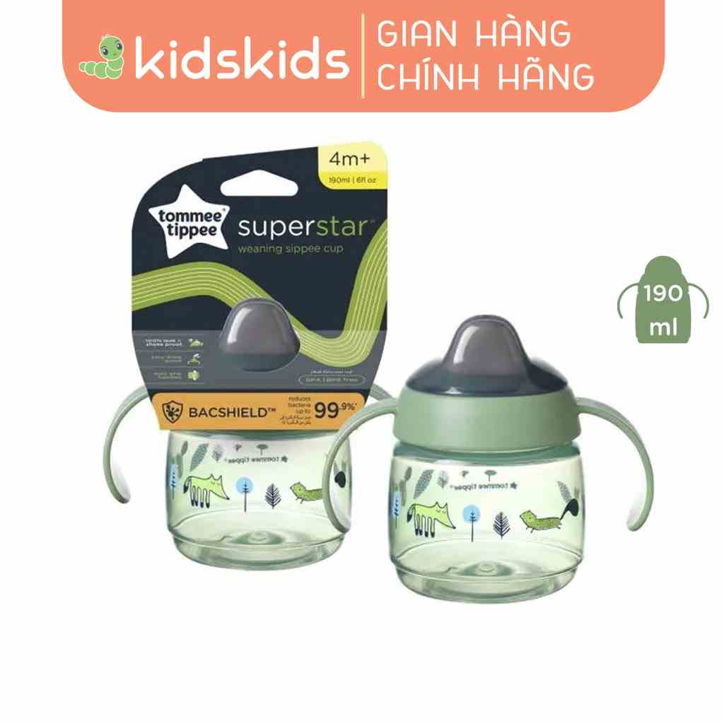 Bình tập uống nước có vòi mút kháng khuẩn chống tràn, chống sặc cho bé Tommee Tippee SuperStar, 190ml – Xanh lá