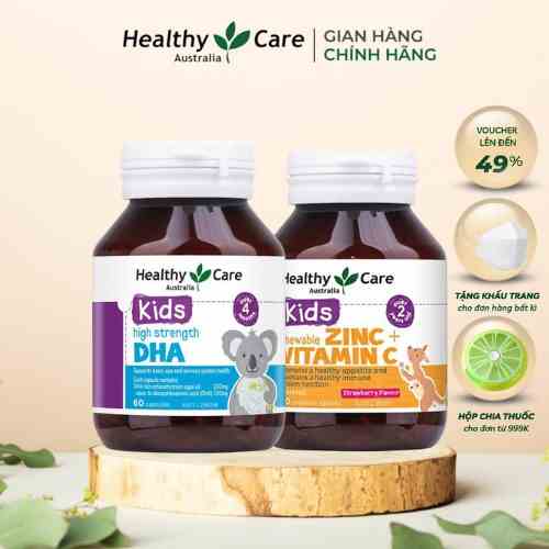 Healthy Care DHA  và kẽm & vitamin C Healthy Care Kids, Combo tăng đề kháng, phát triển trí thông minh cho bé 60 viên