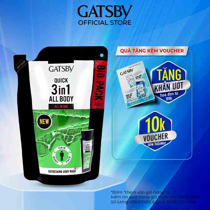 [Mã BMLTB35 giảm đến 35K đơn 99K] Sữa tắm GATSBY Refreshing Body Wash All In One 450ml 3 trong 1/túi