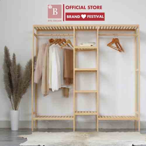 Tủ Treo Quần Áo Gỗ Thông Size Khổng Lồ Double Hanger Có Kệ Đa Năng BTC DECOR - Gỗ Thông Nhập Khẩu, Chống Mối Mọt