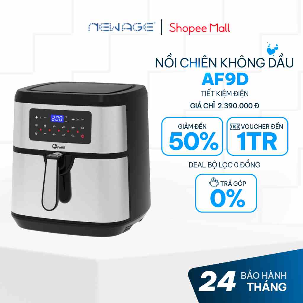 Nồi chiên không dầu 9 lít FujiE AF9D, công suất 1800W nướng gà nguyên con, phủ inox không ám mùi nhựa - Bảo hành 2 năm