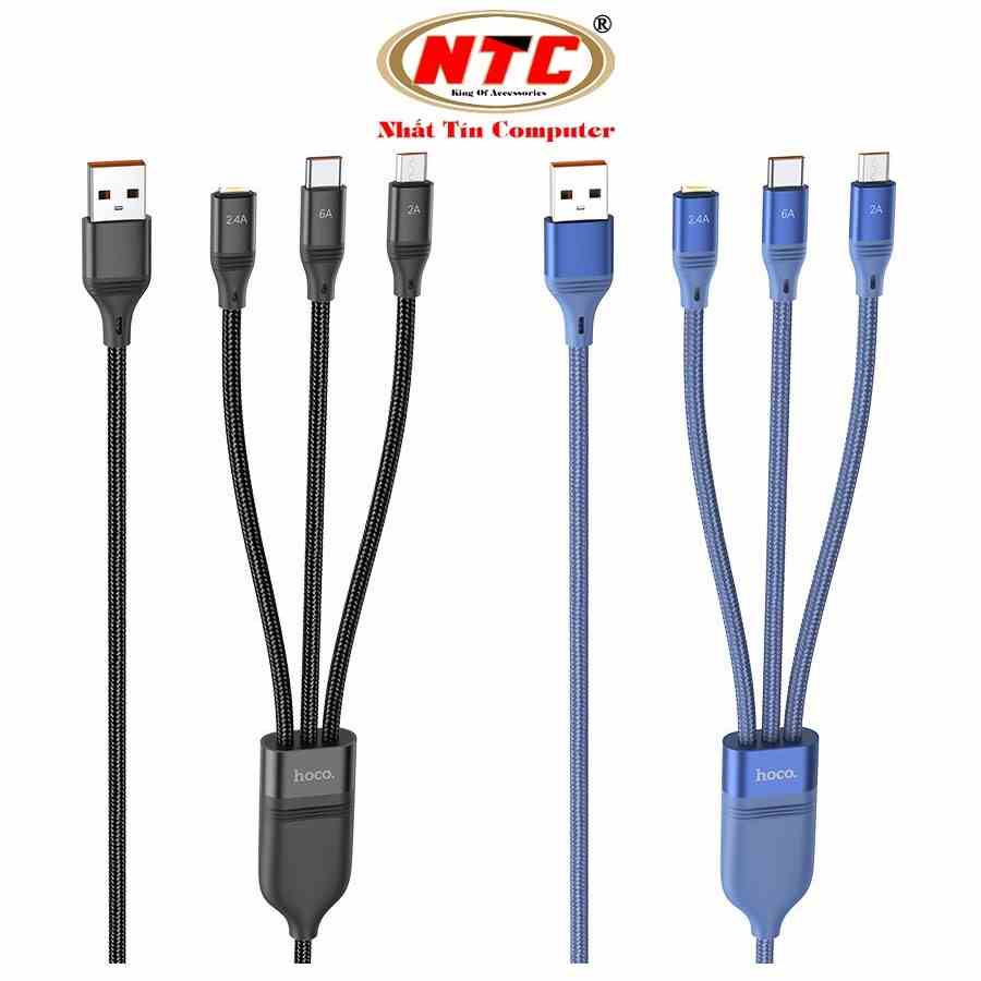 Cáp sạc 3 đầu Hoco U104 cổng microUSB / LN / Type-C dài 1.2M, max 6A, 66W - Hãng phân phối