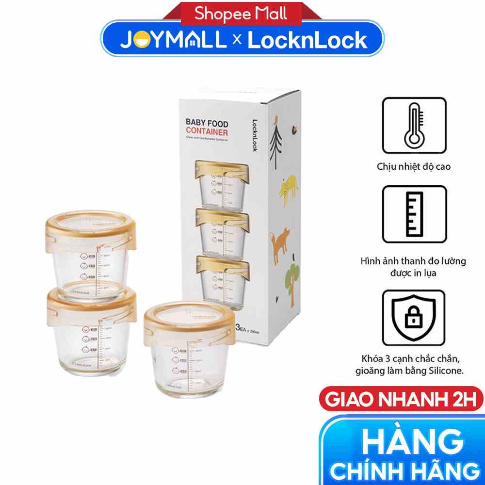 Bộ 3 hộp thủy tinh đựng thức ăn dặm cho bé Lock&Lock LLG542S3IVY - Hàng chính hãng chịu nhiệt tốt có vạch chia - JoyMall