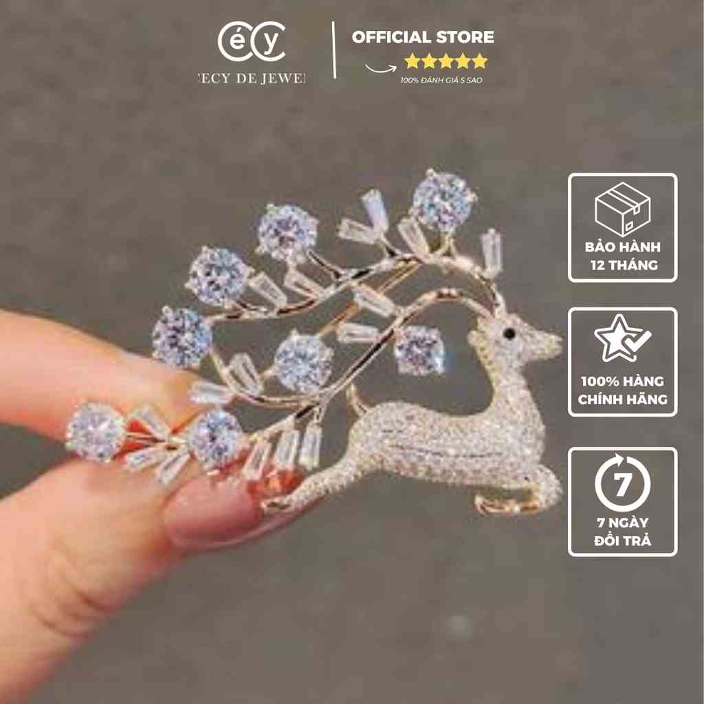 Trâm cài áo CECY, Đá pha lê Swarovski - Tuần lộc CASW26 dễ thương, thiết kế tinh xảo, đá  sáng bóng theo thời gian