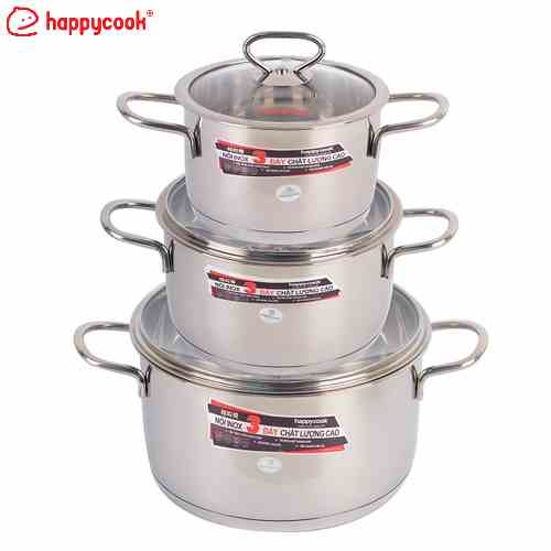 [Mã BMLTB200 giảm đến 100K đơn 499K] Bộ nồi inox cao cấp 3 đáy nắp kiếng Happy Cook Delux HC06DLG