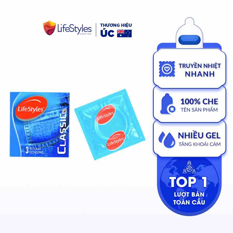 (1 cái dùng thử) Bao Cao Su Truyền Nhiệt Nhanh Nhiều Gel Bôi Trơn LifeStyles Classic Thiết Kế Mỏng Chuẩn Size Châu Á