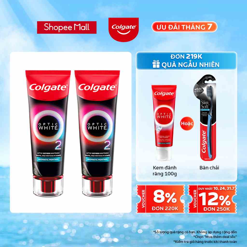 Bộ 2 Kem Đánh Răng Colgate Optic White O2 Oxy Hoạt Tính trắng răng 3 ngày 85g