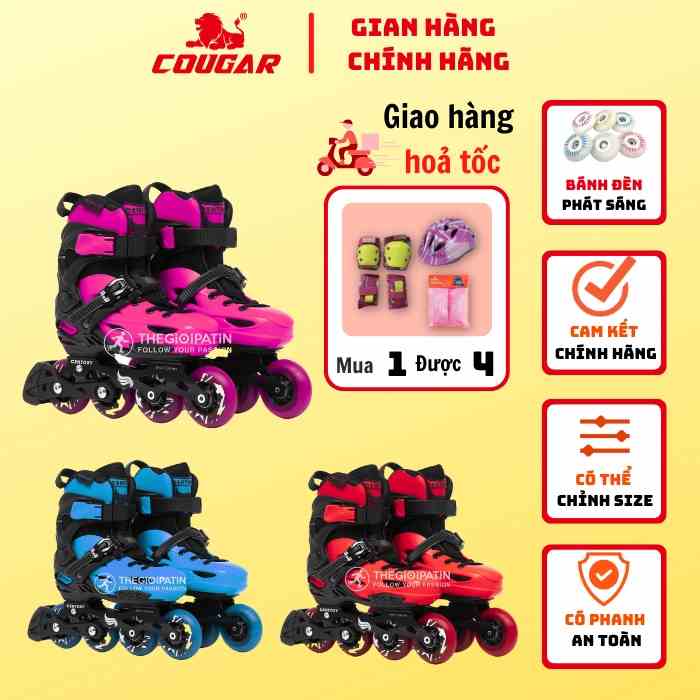 Giày Patin Cho Trẻ Em Cougar-Centosy Kid Pro 2 Có Khóa Bánh,Tặng Kèm Bộ Bảo Hộ Và Mũ Cao Cấp Cho Bé