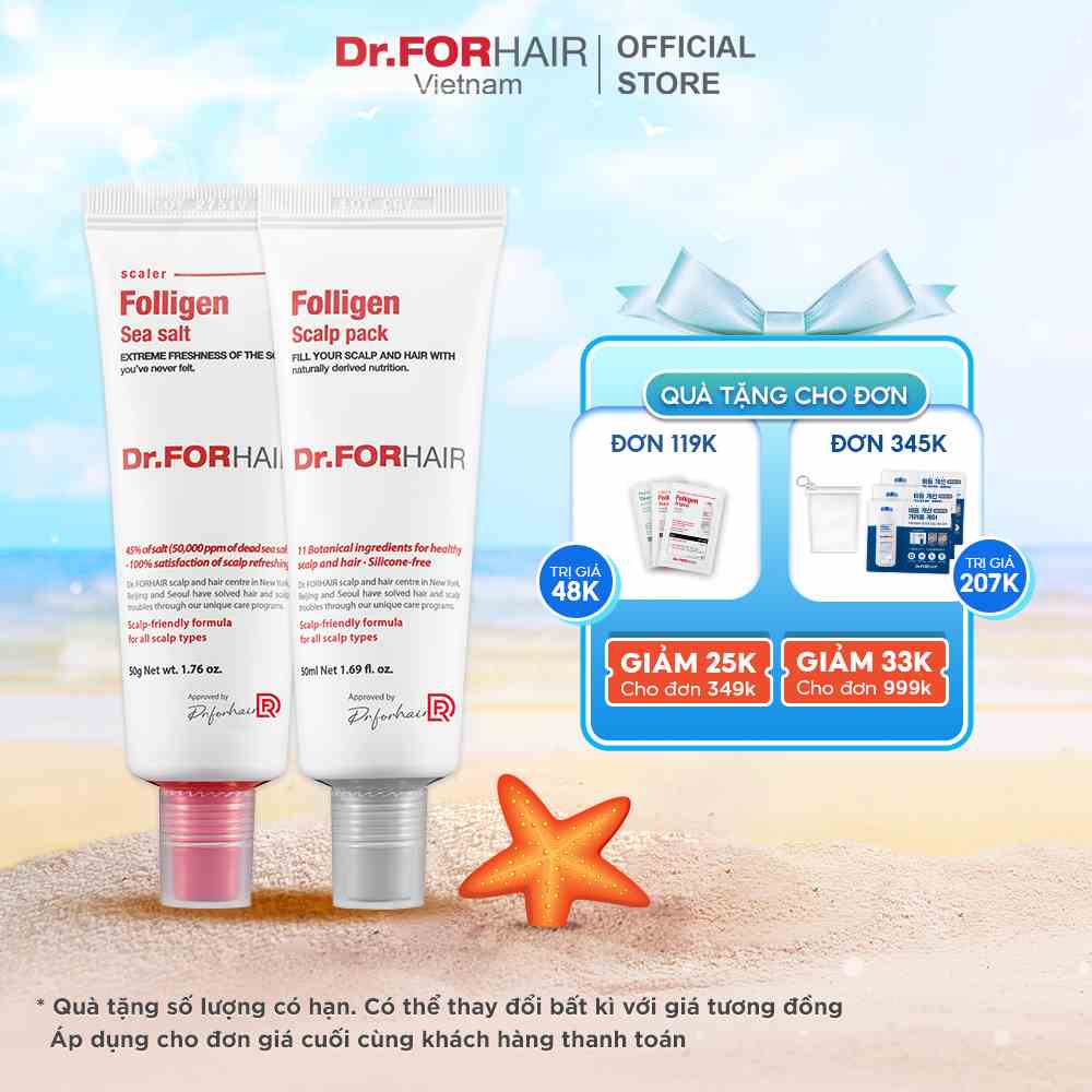 Bộ muối tẩy tế bào chết da đầu và dầu xả dưỡng tóc Dr.FORHAIR Folligen Scalp Pack 50ml và Sea Salt Scaler 50g