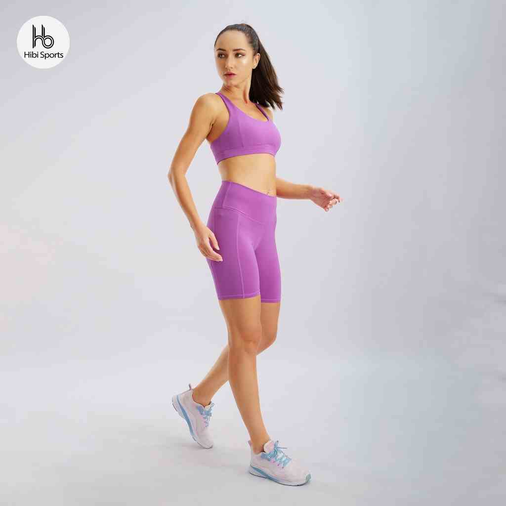 Set đồ tập yoga gym Luxury Hibi Sports H143, quần đùi lưng cao, size mới, màu Tím kèm mút ngực, vải cao cấp Lu Fabric