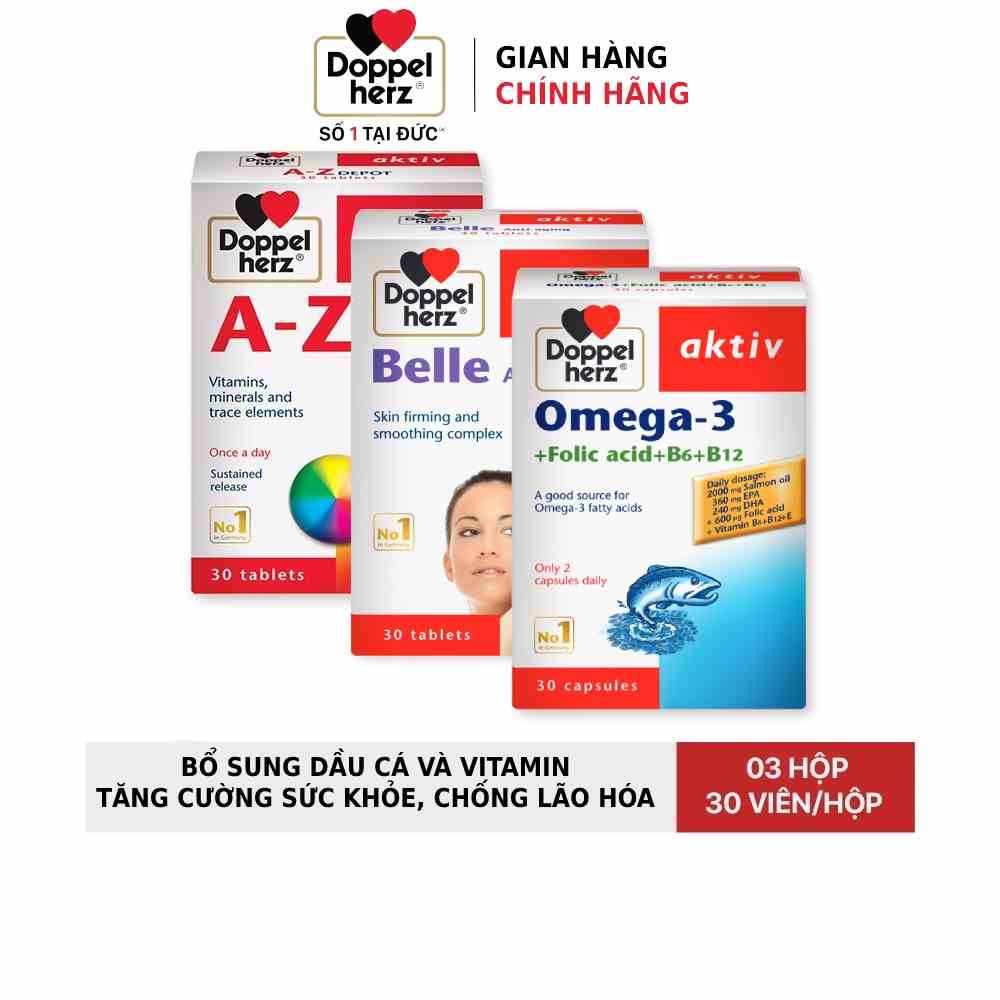 Combo bổ sung vitamin, dầu cá, tăng cường sức khỏe và giảm lão hóa Doppelherz A Z Depot + Omega 3 + Anti Aging (03 hộp)