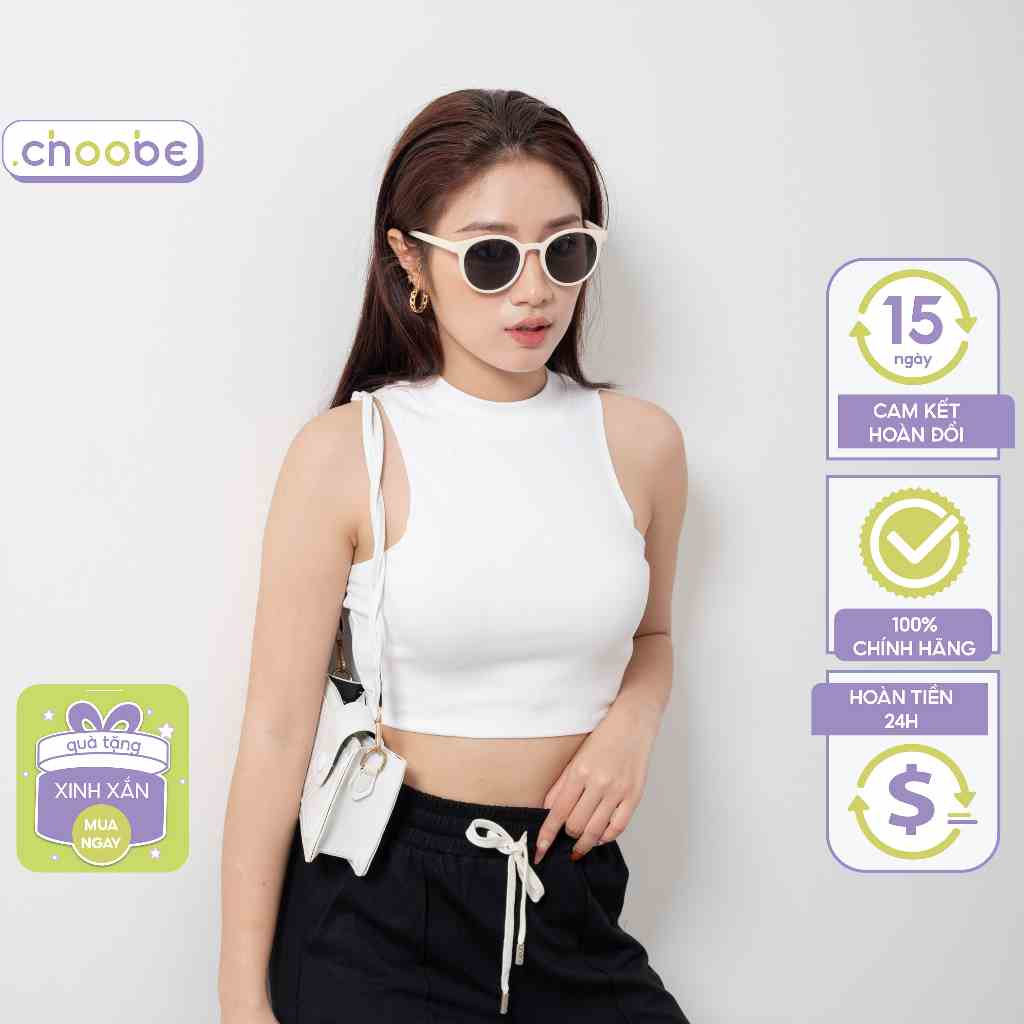 Áo croptop Choobe ba lỗ nữ cổ cao cotton sát nách không tay kiểu ôm body tank top vải thun co giãn tốt A56