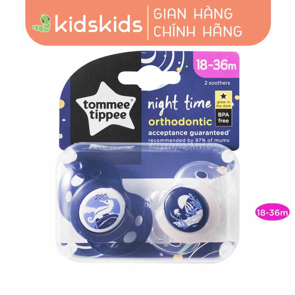 Ty ngậm dạ quang cho bé Tommee Tippee Night Time 18-36 tháng (vỉ đôi) - Cá Ngựa