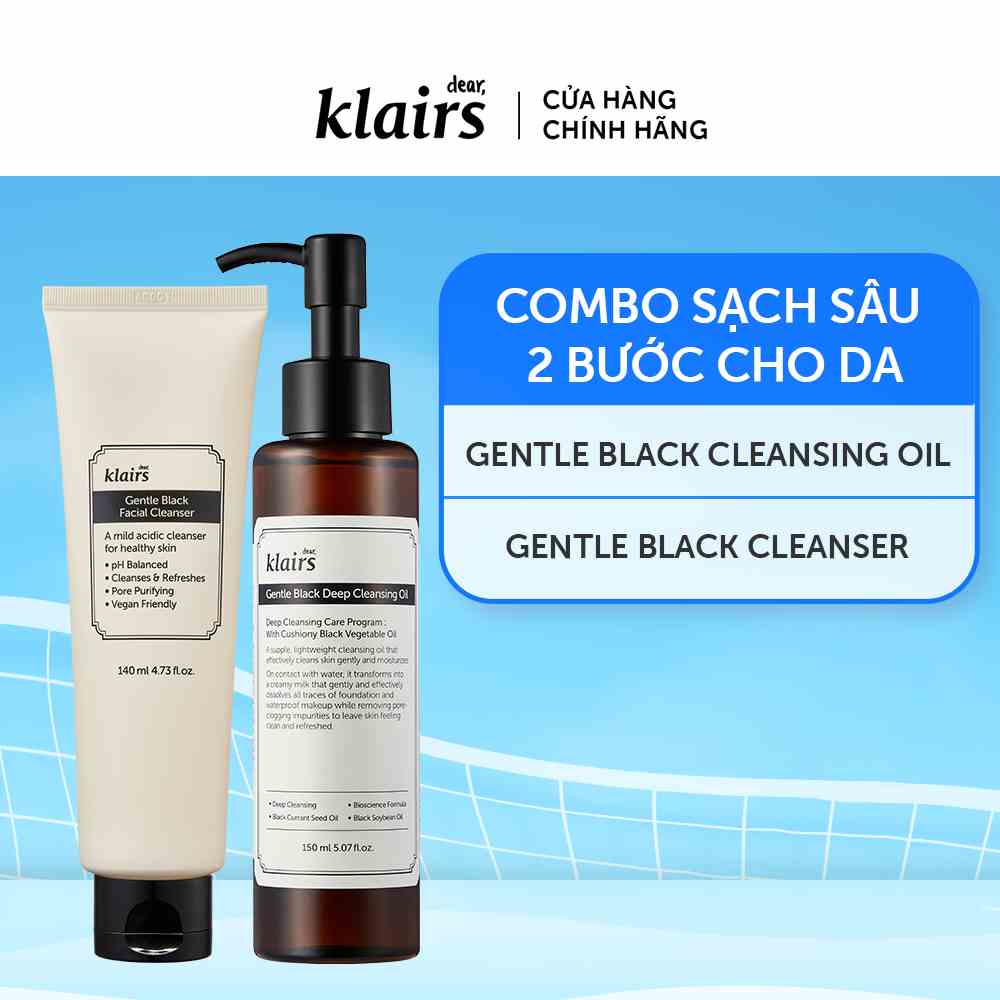 Combo Dear, Klairs Dầu tẩy trang Gentle Black Deep Cleansing Oil 150ml+Sữa rửa mặt Gentle Black 140ml