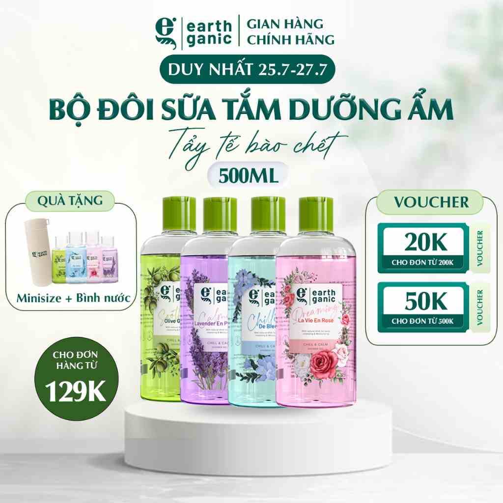 Combo tiết kiệm làm sạch sâu 500ml - Bộ đôi sữa tắm trắng da Earthganic, tẩy tế bào chết thơm lâu thành phần thiên nhiên