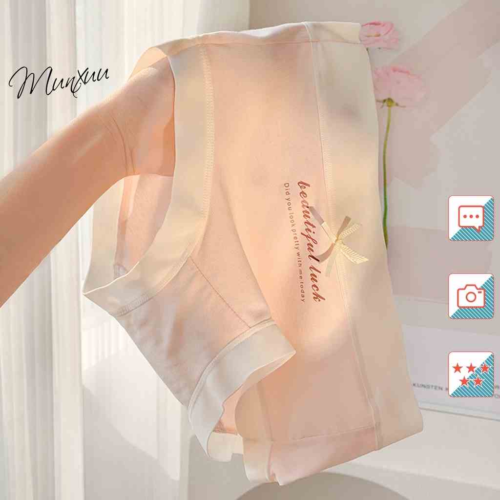 Quần lót nữ MUNXUU vải cotton co dãn phối viền su in chữ đính nơ tiểu thư màu pastel ngọt ngào- QC45