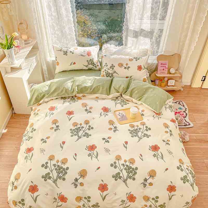 Bộ chăn ga gối cao cấp ETAMI cotton poly Hoa cúc vàng ga xanh cute miễn phí bo chun drap giường , ga trải giường P21