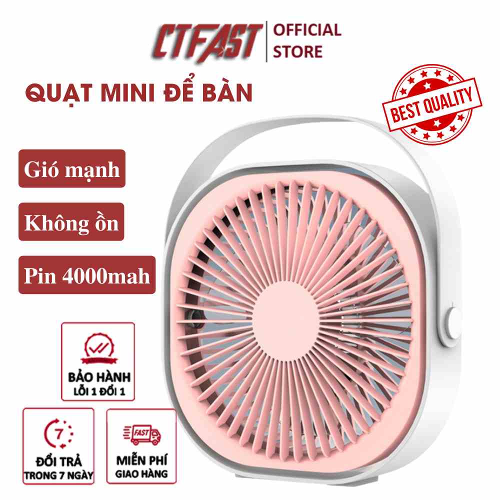 Quạt tích điện mini, quạt để bàn văn phòng CTFAST M102 - Pin sạc 4000mah, 3 tốc độ gió, không ồn - Hàng loại 1