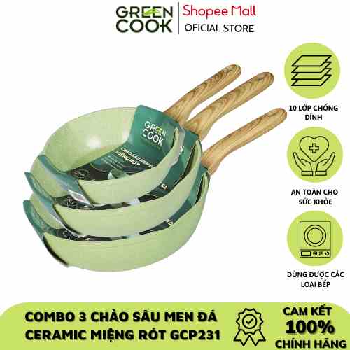 Combo 3 chảo sâu men đá ceramic miệng rót Green Cook GCP231 màu xanh 10 lớp chống dính