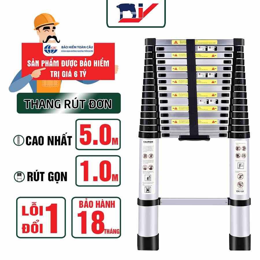 [HỎA TỐC 2H HCM] Thang nhôm rút đơn DIY TL-I-50 chiều cao sử dụng tối đa 5.0m, tải trọng 150kg