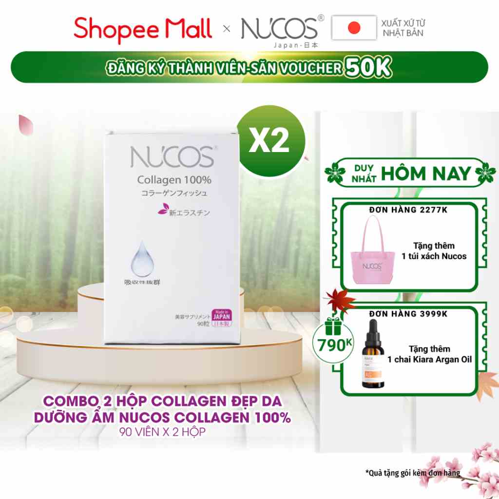 Combo 2 hộp Viên uống collagen chống lão hóa cấp ẩm Nucos Collagen 100% 2 x 90 viên