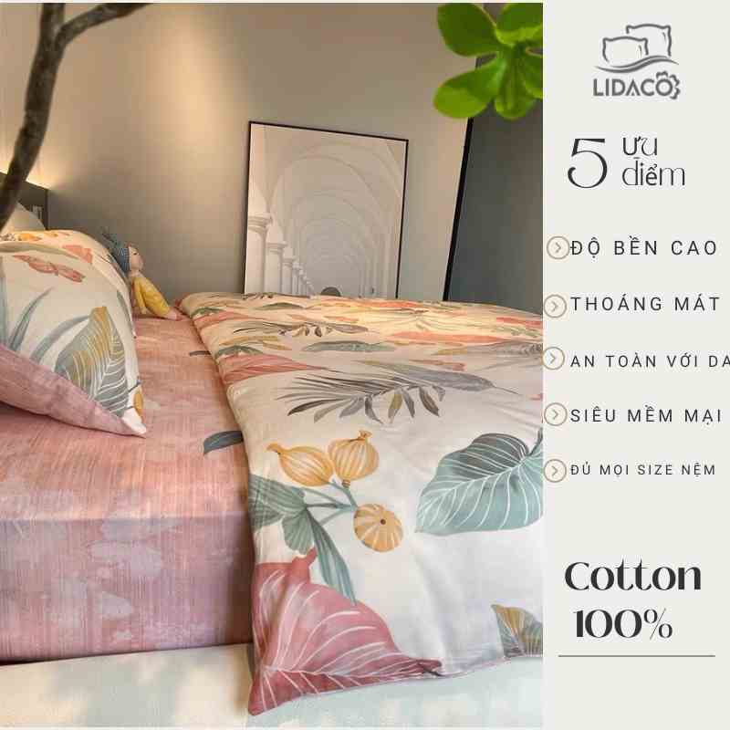 Bộ chăn ga giường cotton 100% Lidaco cotton hàn không bai xù, siêu mềm mịn, thoáng mát