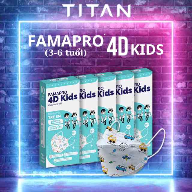 [Famapro 4D Kids - Bé 3~6 Tuổi ] Combo 5 Hộp Khẩu trang kháng khuẩn 3 lớp (10 cái/hộp)