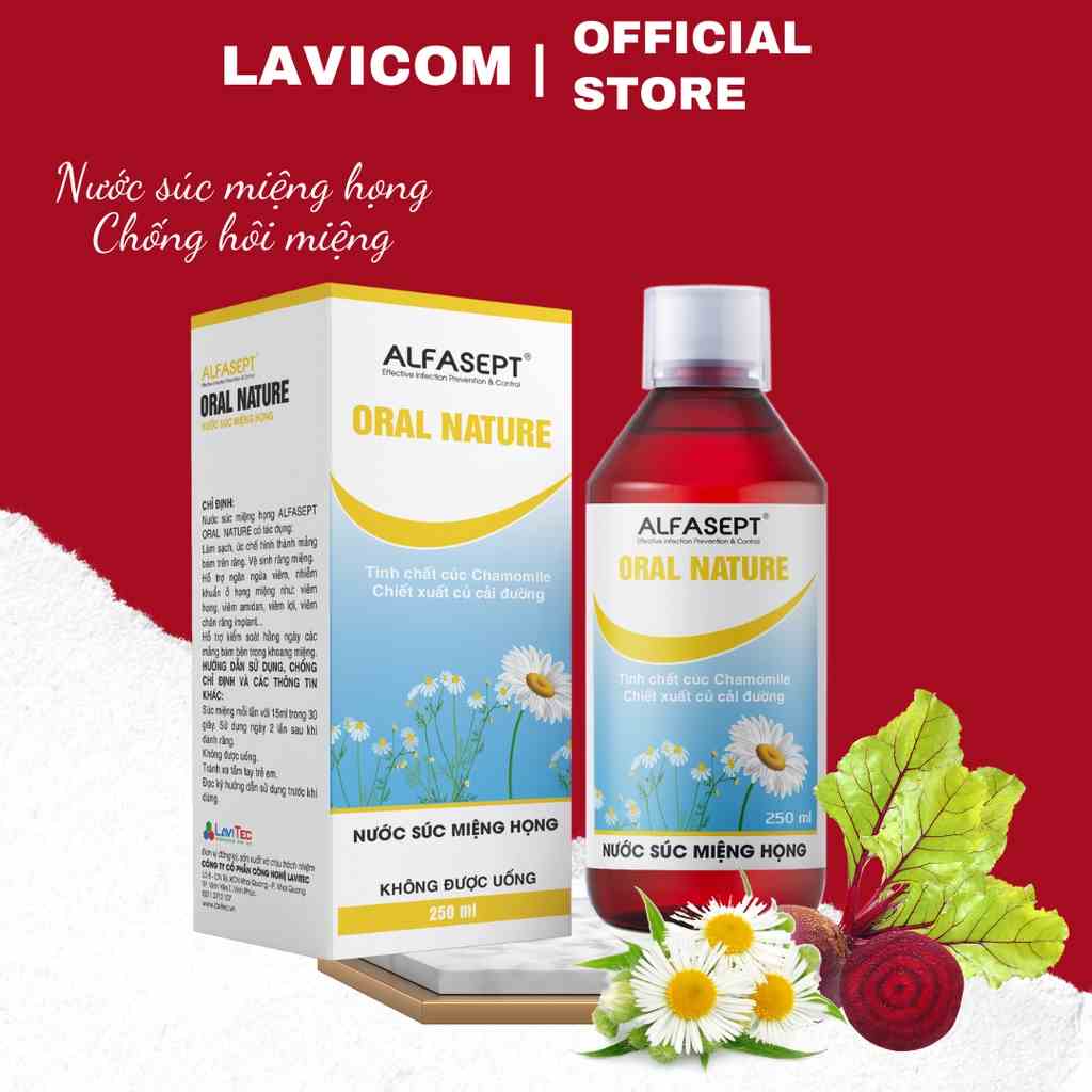 Nước súc miệng họng Alfasept Natural 250ml chiết xuất cúc la mã giảm khô miệng, giảm hôi miệng