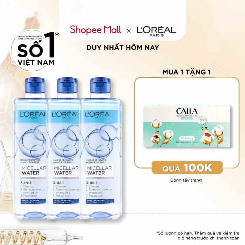 Bộ 3 nước tẩy trang đa năng 3-in-1 LOreal Paris Micellar sạch sâu 400ml x 3