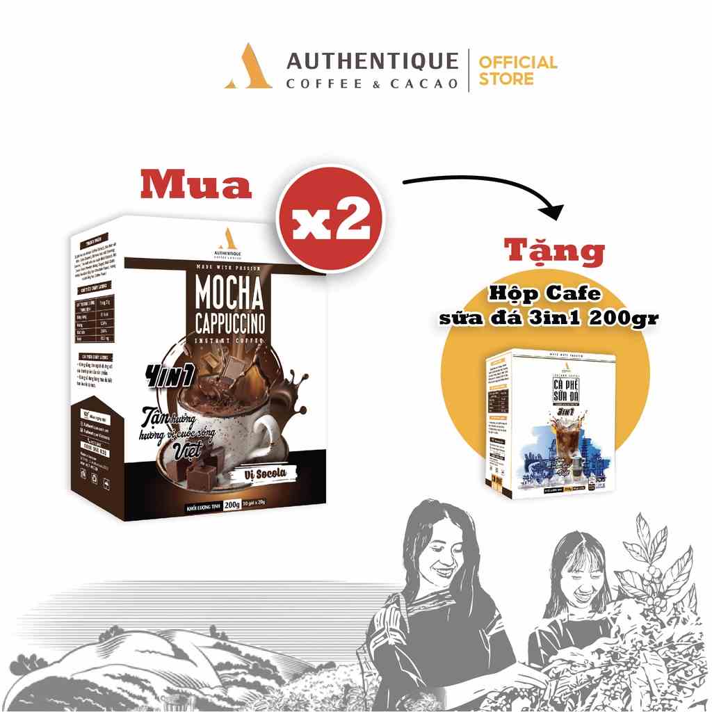 Cà phê pha sẵn hòa tan vị Sô cô la 4in1 (20G x 10Gói) - Mocha Cappuccino Instant Coffee | Authentique Instant Coffee