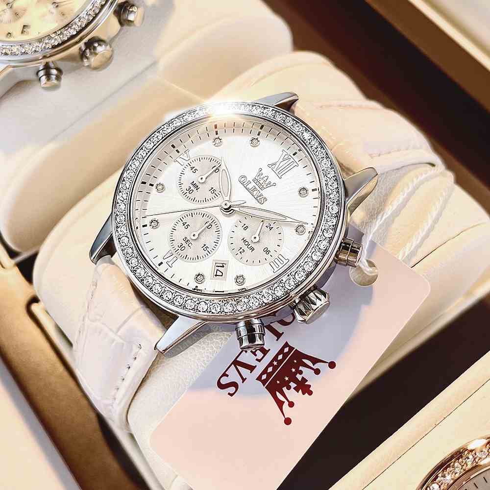 OLEVS 9933  Đồng hồ nữ dây da chính hãng đa chức năng lịch ngày ba mắt sáu kim chronograph dạ quang chống thấm nước